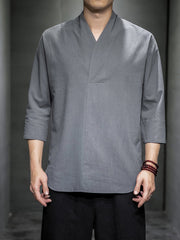 Men's grey V-neck 3/4 sleeve relaxed fit shirt made of cotton blend