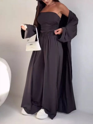 Strapless Ruched Crop Top & Wide-leg Pants Set in Black, fabric detail