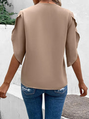 Tan flutter sleeve blouse with scalloped lace trim detail