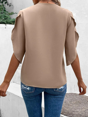 Tan flutter sleeve blouse with scalloped lace trim detail