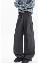 Belted wide leg jeans in dark gray cotton with a relaxed fit.