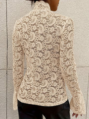 Tan lace bell sleeve poet top with mock neck and paisley pattern.
