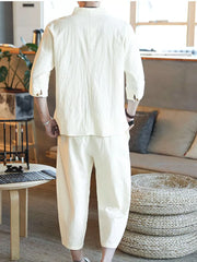 Men's relaxed fit 3/4 sleeve pants set in off-white linen-look fabric.
