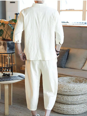 Men's relaxed fit 3/4 sleeve pants set in off-white linen-look fabric.
