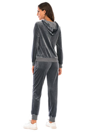 Charcoal velvet loungewear set with hoodie and joggers, ribbed cuffs and waistband