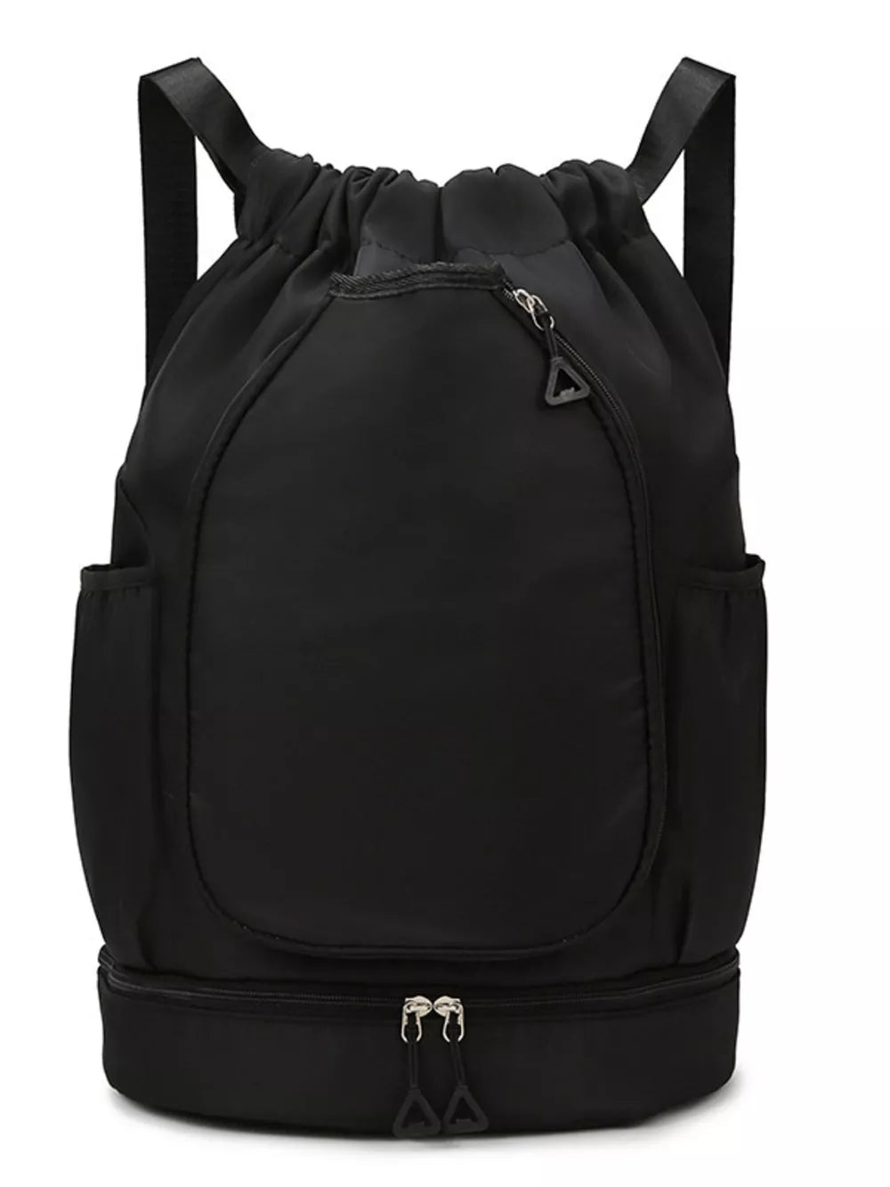 Black drawstring duffel bag with zippered bottom compartment and side pockets.
