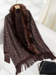 Brown leopard print acrylic cardigan with faux fur trim and fringe.