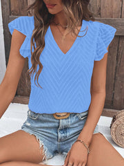 Sky blue textured chevron flutter sleeve blouse with V-neck