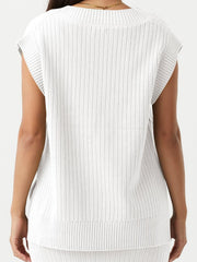 White ribbed knit V-neck tank sweater with cap sleeves and a banded hem.