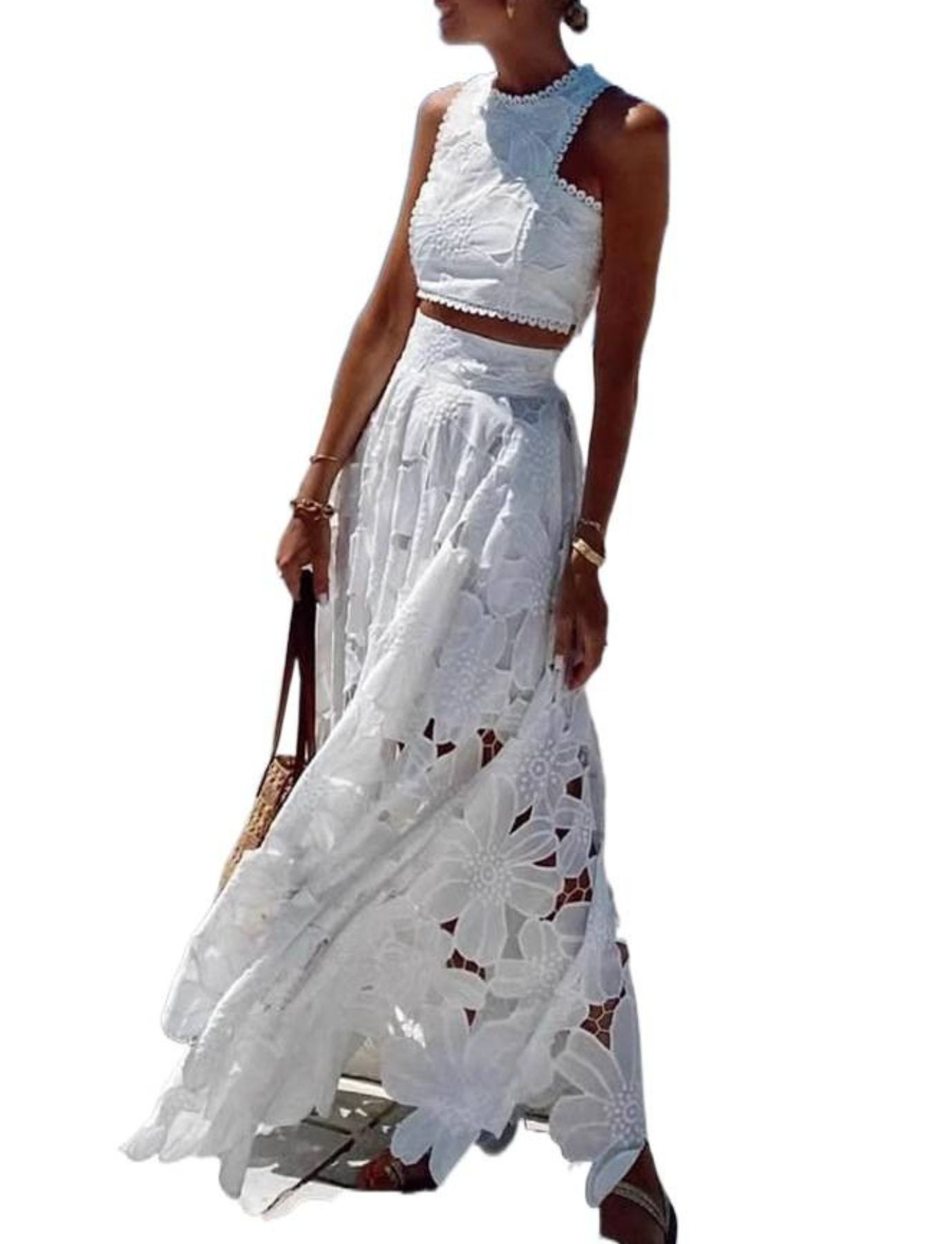 White floral lace two-piece set with cutout detail crop top and maxi skirt.
