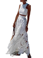 White floral lace two-piece set with cutout detail crop top and maxi skirt.