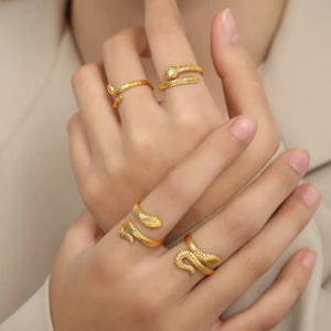 Gold textured snake wrap rings on hand, available in Style A, B, C.