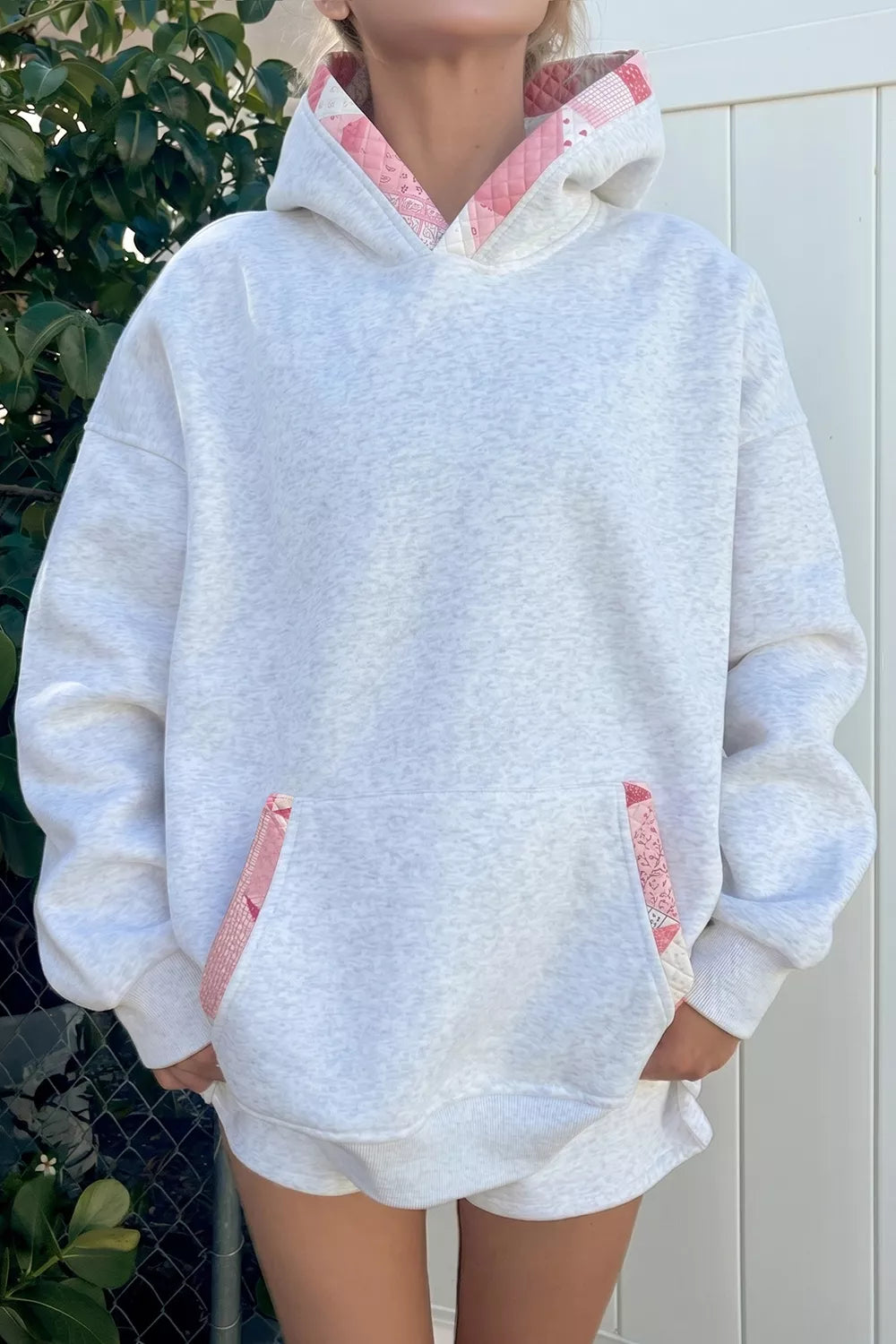 Contrast Patchwork Oversized Hoodie in Light Gray, front view