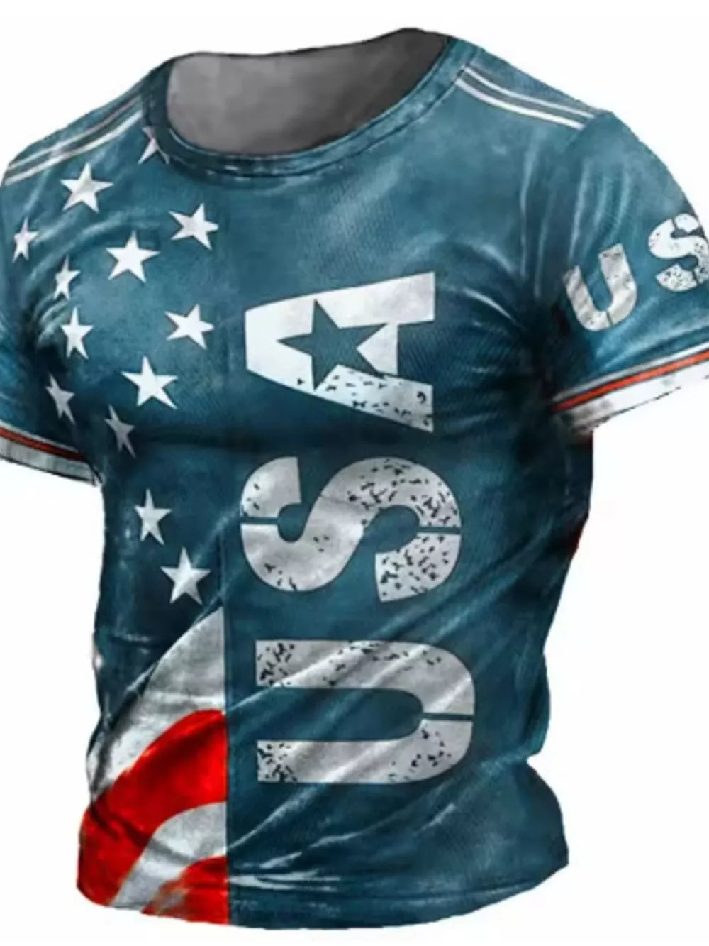 Men's royal blue crew neck t-shirt with distressed USA flag print and stars.
