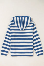 Textured knit hoodie with blue and white stripes and a drawstring hood.