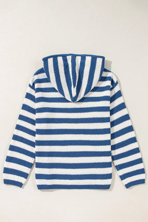 Textured knit hoodie with blue and white stripes and a drawstring hood.