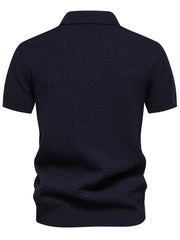 Dark Navy chevron stripe knit polo shirt with short sleeves and a zip neckline.