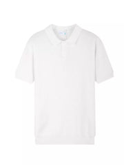 White ribbed short sleeve polo shirt with classic collar and button placket.