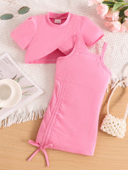 Toddler pink cotton blend crop top and drawstring dress set with ruched sides.