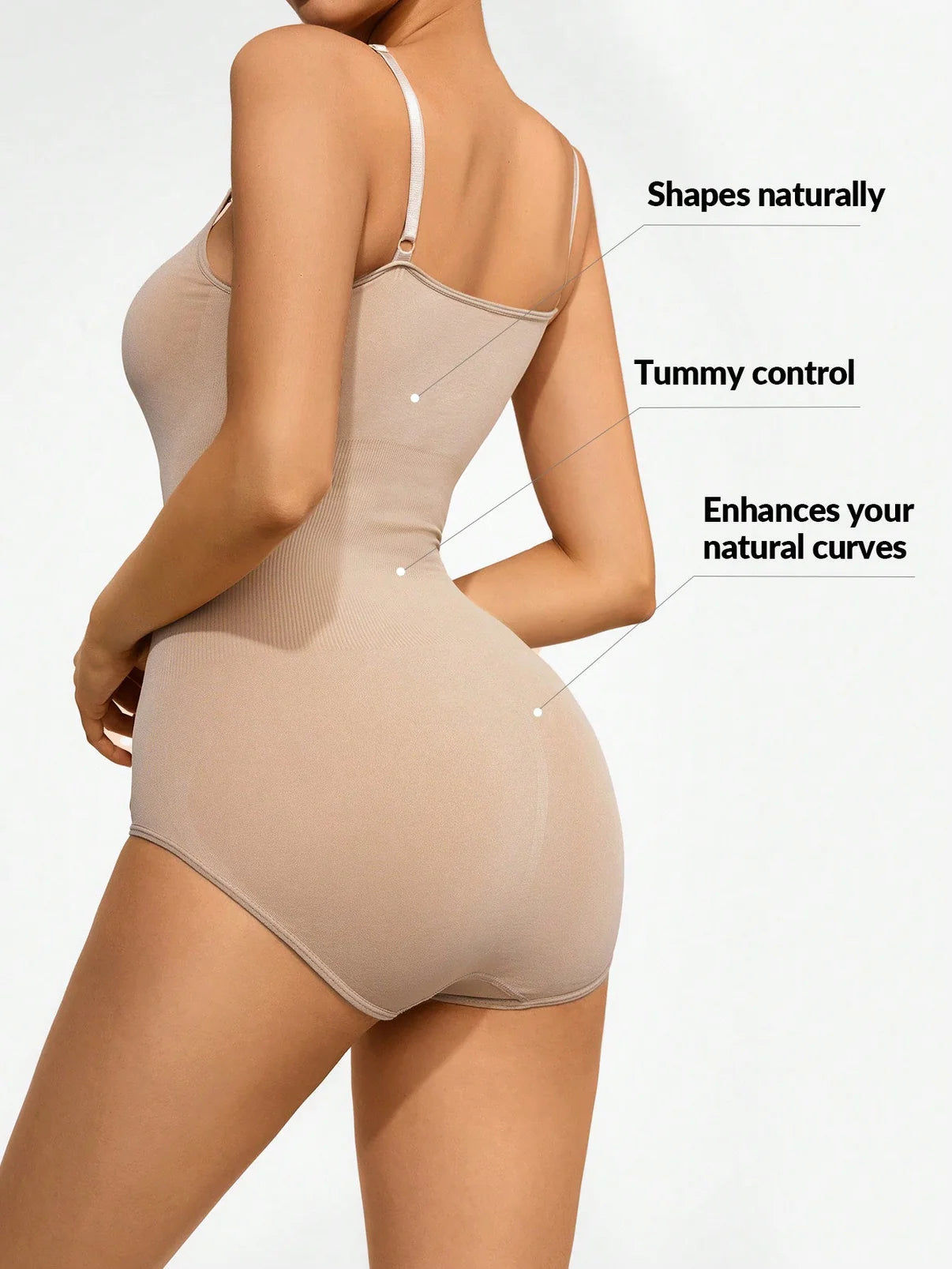 Ribbed contour shaping bodysuit in Dust Storm with tummy control and adjustable straps.