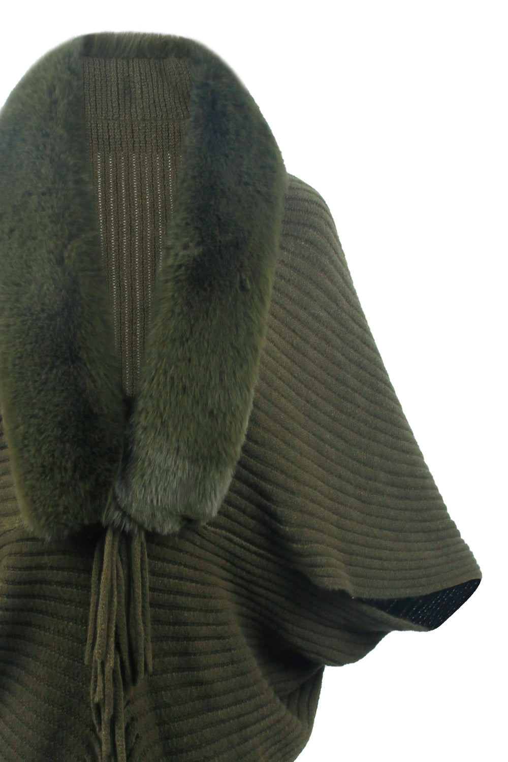 Army green knit cape with faux fur collar and fringe detail