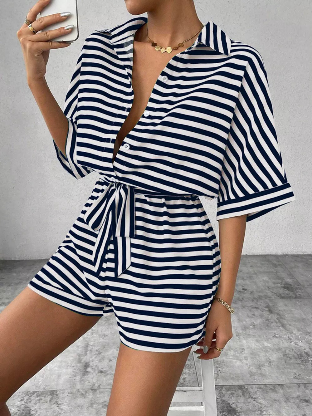 Striped Button Front Half Sleeve Romper in Dark Blue, fit detail