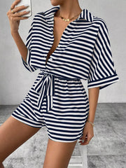 Striped Button Front Half Sleeve Romper in Dark Blue, fit detail