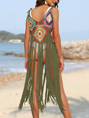 Crochet patchwork cover-up dress in Moss with colorful squares and long fringe detail.
