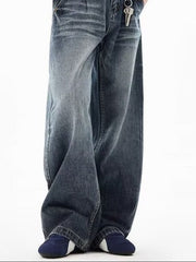 Men's blue wide-leg jeans with button closure and belt loops, styled casually.
