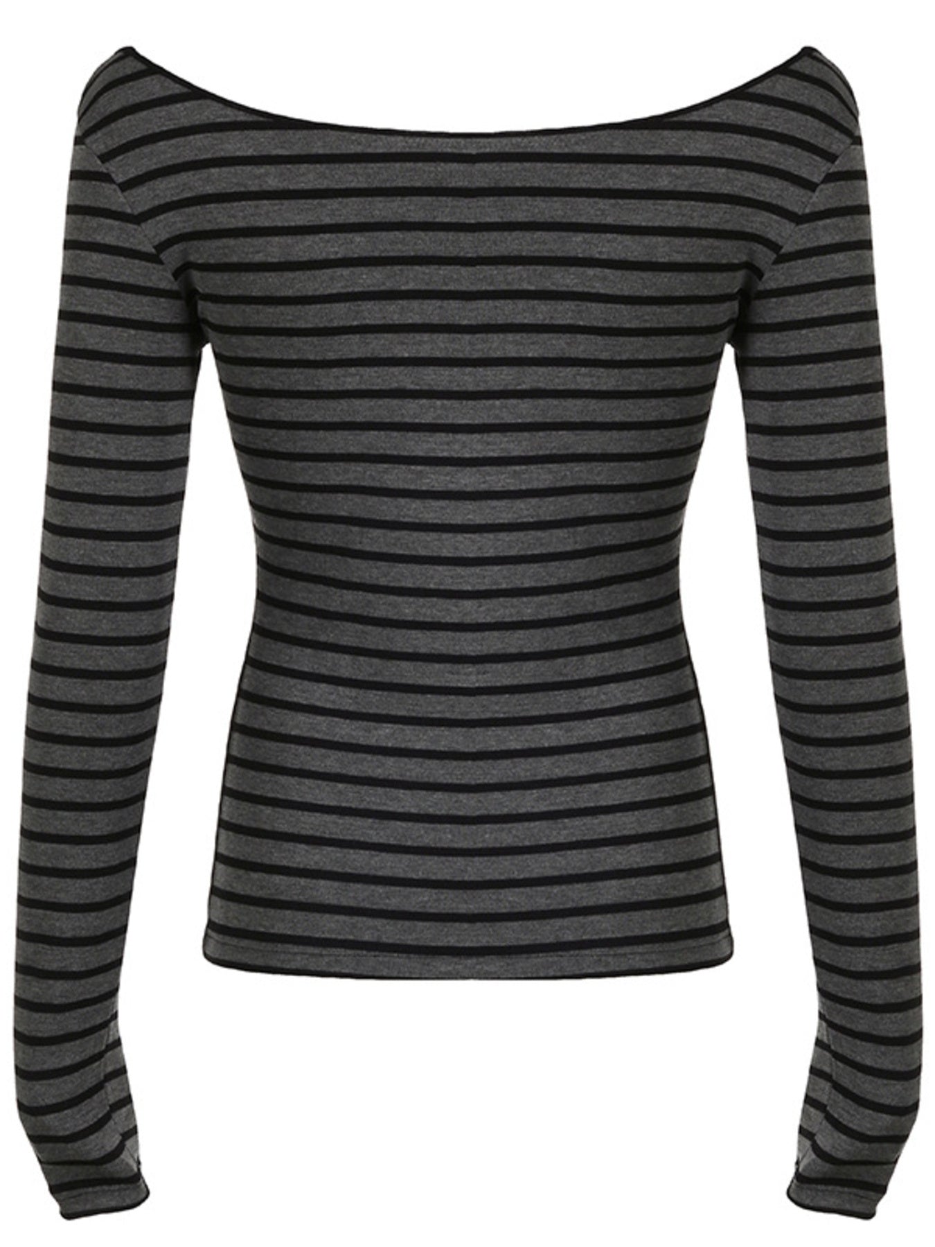 Grey and black striped long sleeve t-shirt with a boat neck