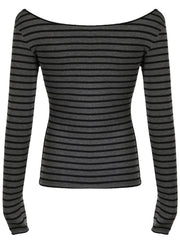 Grey and black striped long sleeve t-shirt with a boat neck