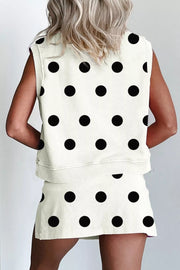 Cream polka dot ribbed trim two-piece set with sleeveless top and skirt