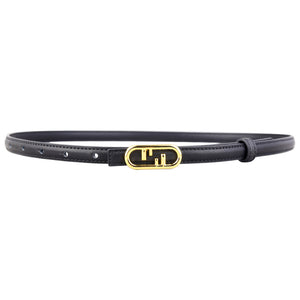 Black leather belt with an oval gold buckle and embossed detail.