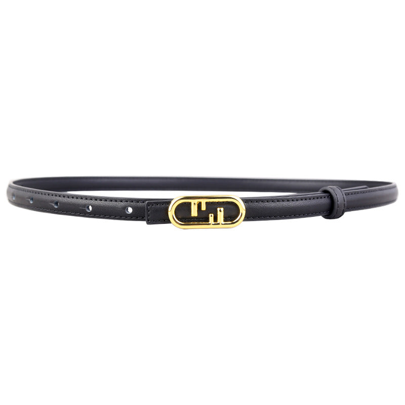 Black leather belt with an oval gold buckle and embossed detail.