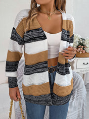 Open-front knit cardigan with horizontal stripes in camel, white, black, and gray acrylic.