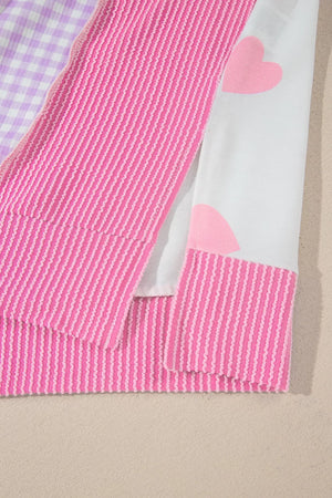Heart Pattern Colorblock Side Slit Top in Pink, fabric detail