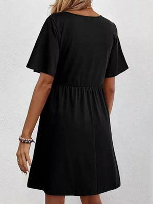 Black V-neck mini dress with short sleeves and elastic waist