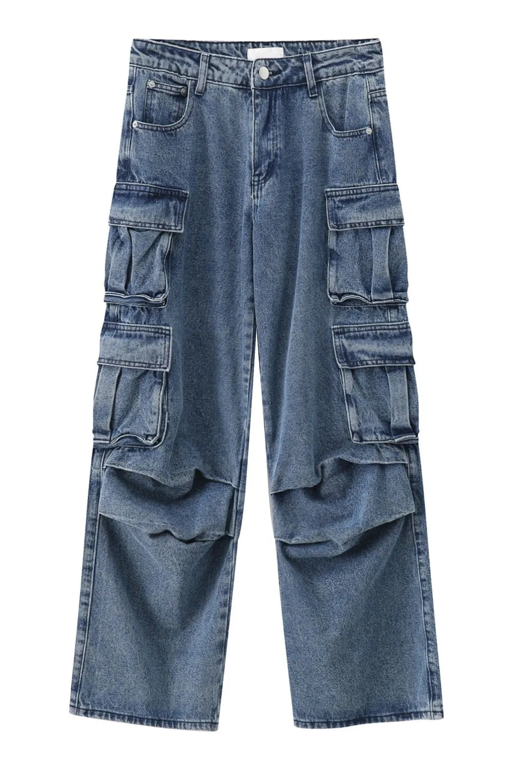 Baggy denim cargo pants in medium wash with multiple pleated pockets.