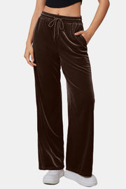 Velvet palazzo lounge trousers in coffee brown with drawstring waist and pockets.