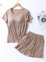 Comfortable two-piece pajama set in Milk Tea Camel with short sleeves and elastic waistband shorts with pockets.