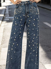 Rhinestone-embellished Wide-leg Jeans