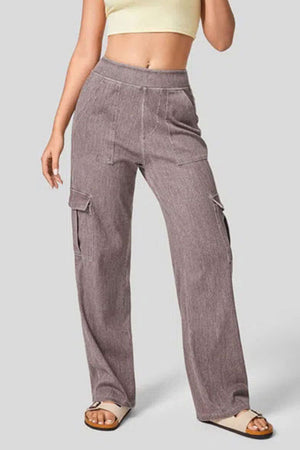Utility denim wide-leg cargo pants in mocha with front and side pockets.