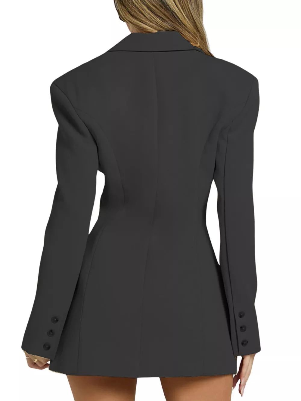 Black tailored lapel blazer dress with buttoned cuffs and structured shoulders.