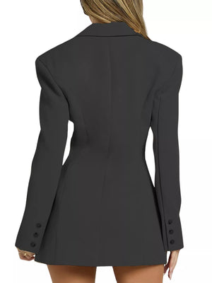 Black tailored lapel blazer dress with buttoned cuffs and structured shoulders.