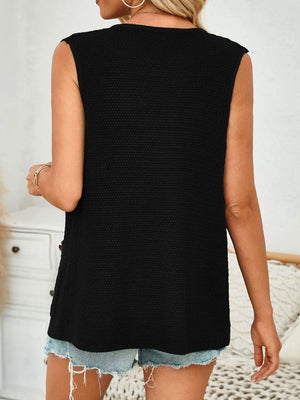 Black buttoned knit vest with textured pattern and side button detail.