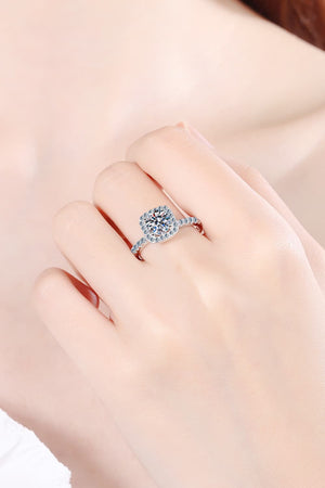 Radiant Square Cut Halo Ring in silver, 925 sterling silver with a halo of small stones.