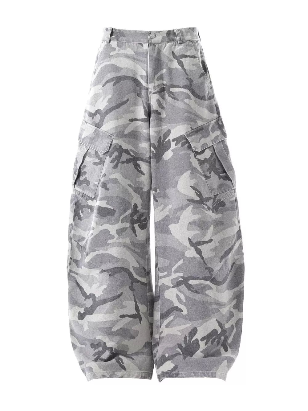 Baggy white camouflage cargo pants with button fly and multiple pockets.