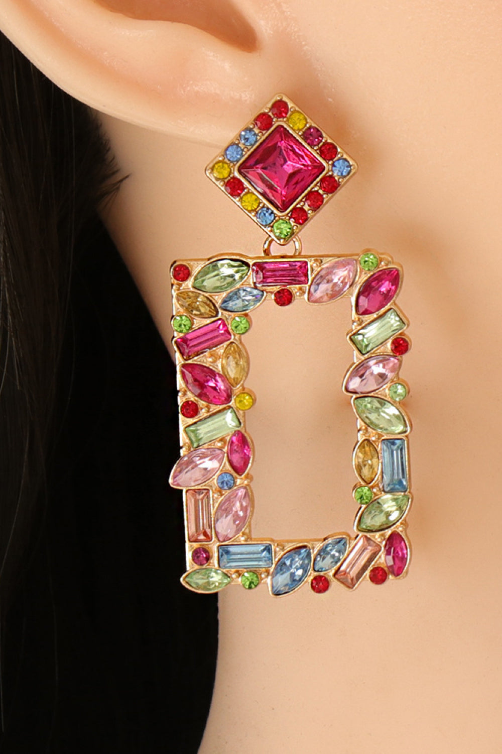 Geometric Jewel Box earrings with multicolor stones and gold-tone alloy setting.