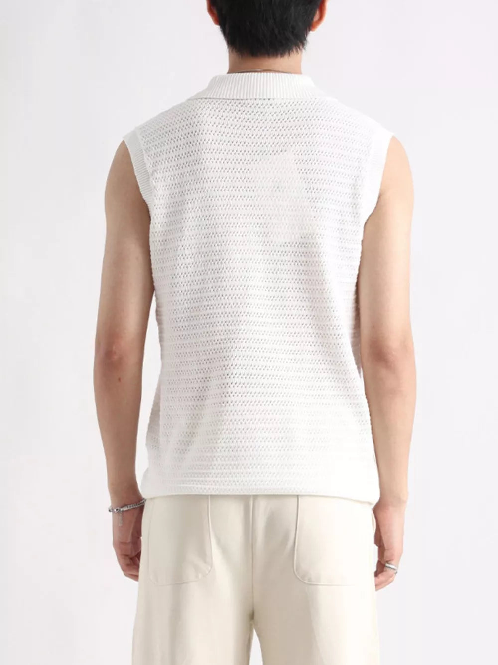 White knit polo collar tank top with open weave detail