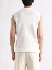 White knit polo collar tank top with open weave detail